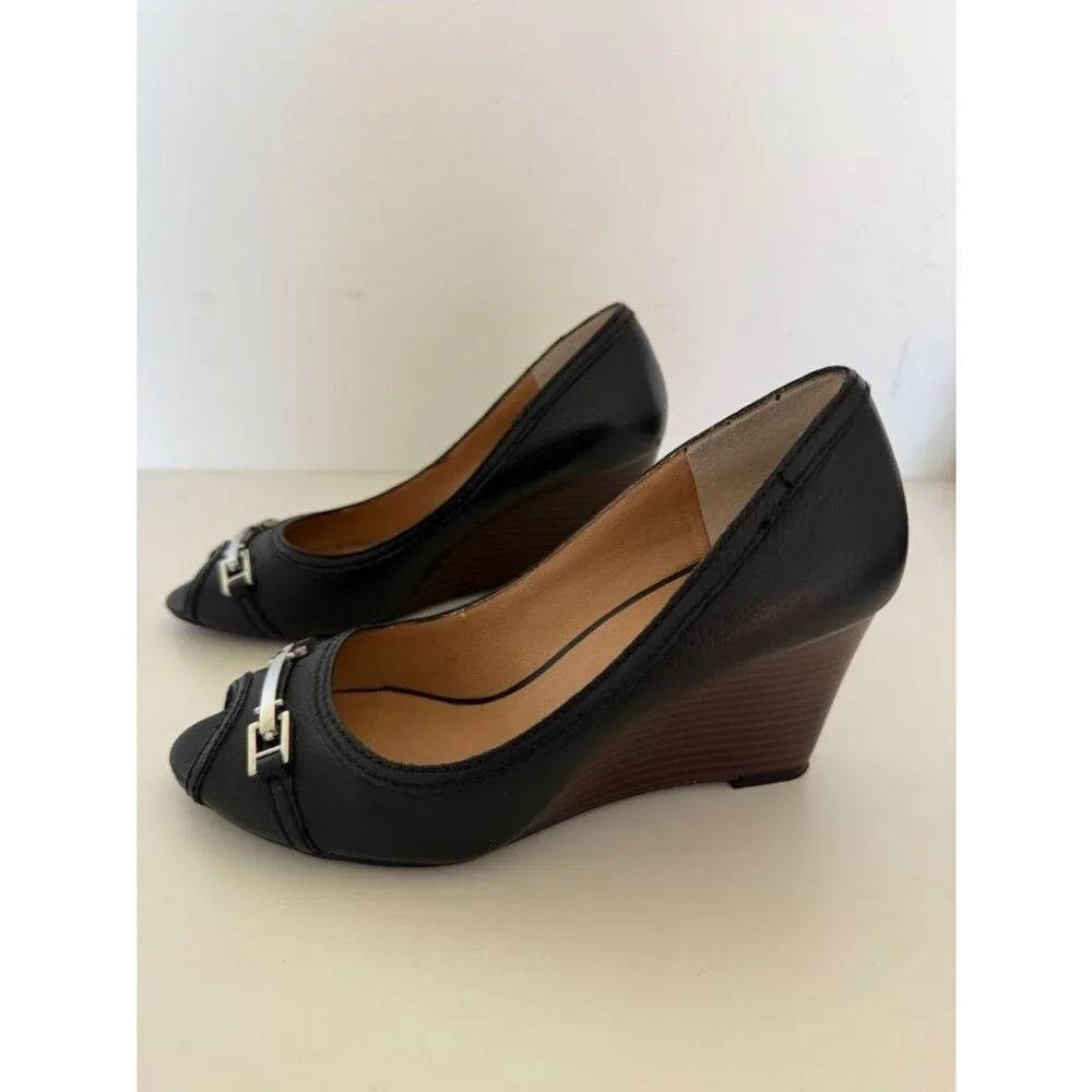 Saks Fifth Avenue Black Leather Peep Toe Wedge Heels 7M